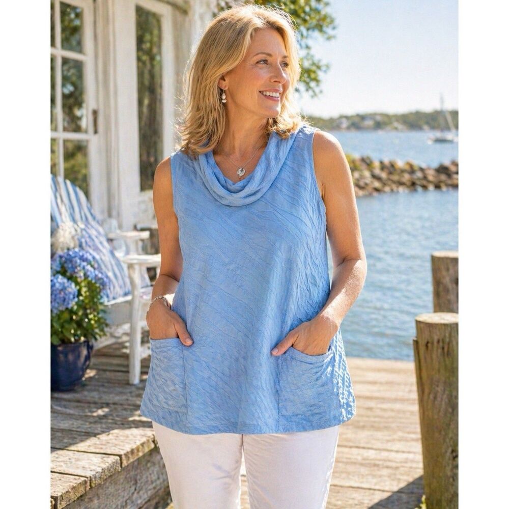 Habitat Blue Sleeveless Tunic Top Size XL Textured Cowl Neck Cotton Blend Pocket